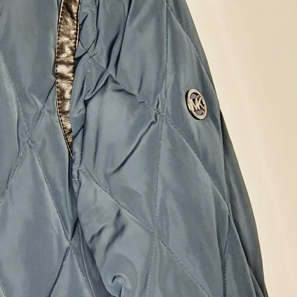 Michael Kors Navy‎ Blue Faux Leather Trim Down Filled Full Zip Puffer Jacket S